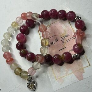 Strawberry Quartz & Rose Quartz Heart Charm Bracelets